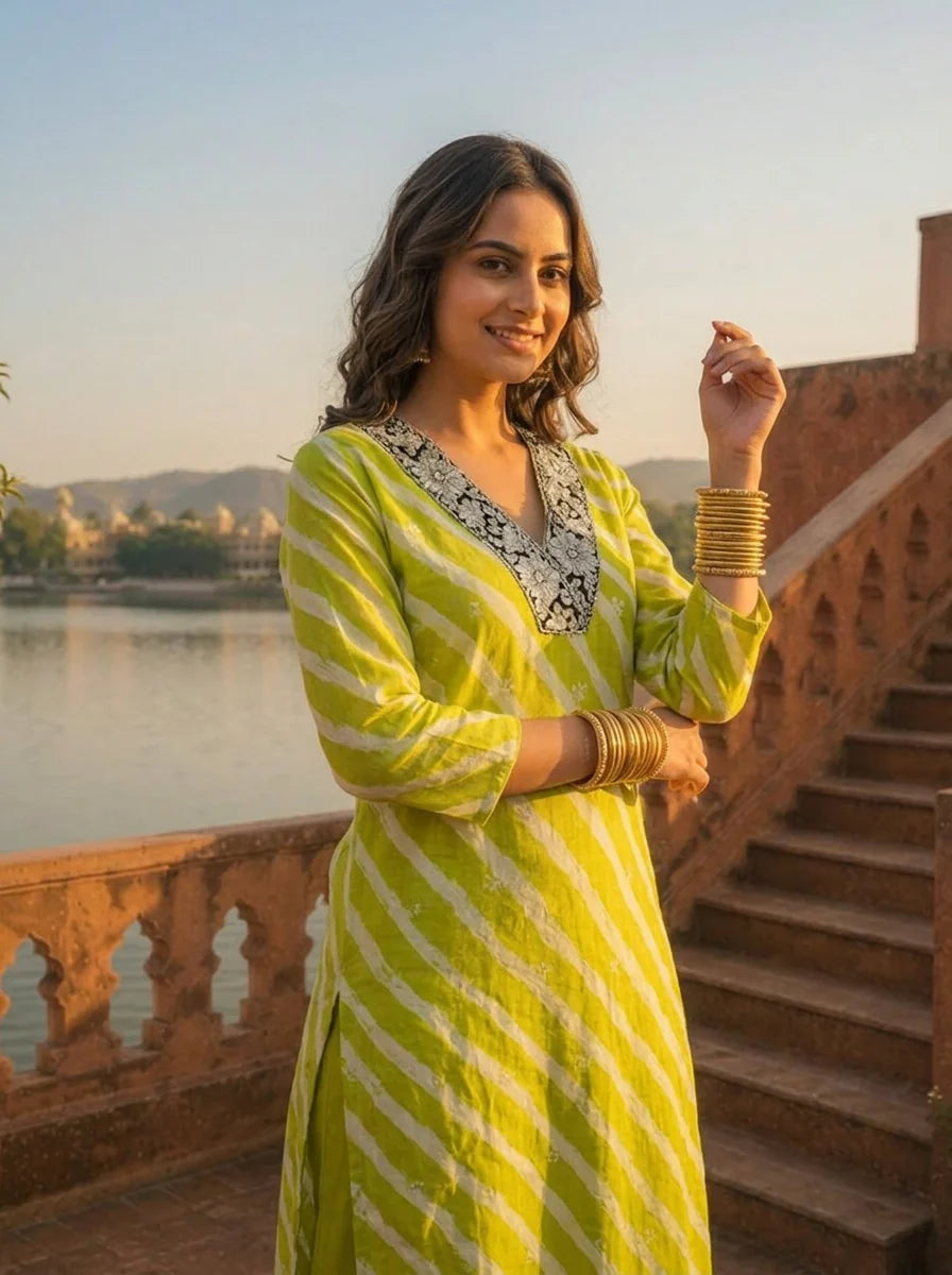 Lime Muslin Floral Zari Embroidery And Leheriya Printed Two Piece Set