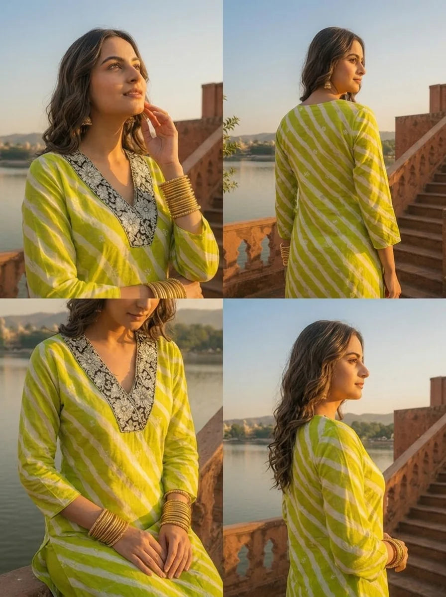 Lime Muslin Floral Zari Embroidery And Leheriya Printed Two Piece Set