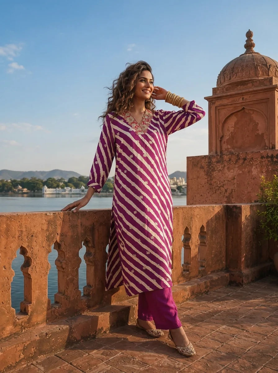 Purple Muslin Floral Zari Embroidery And Leheriya Printed Two Piece Set