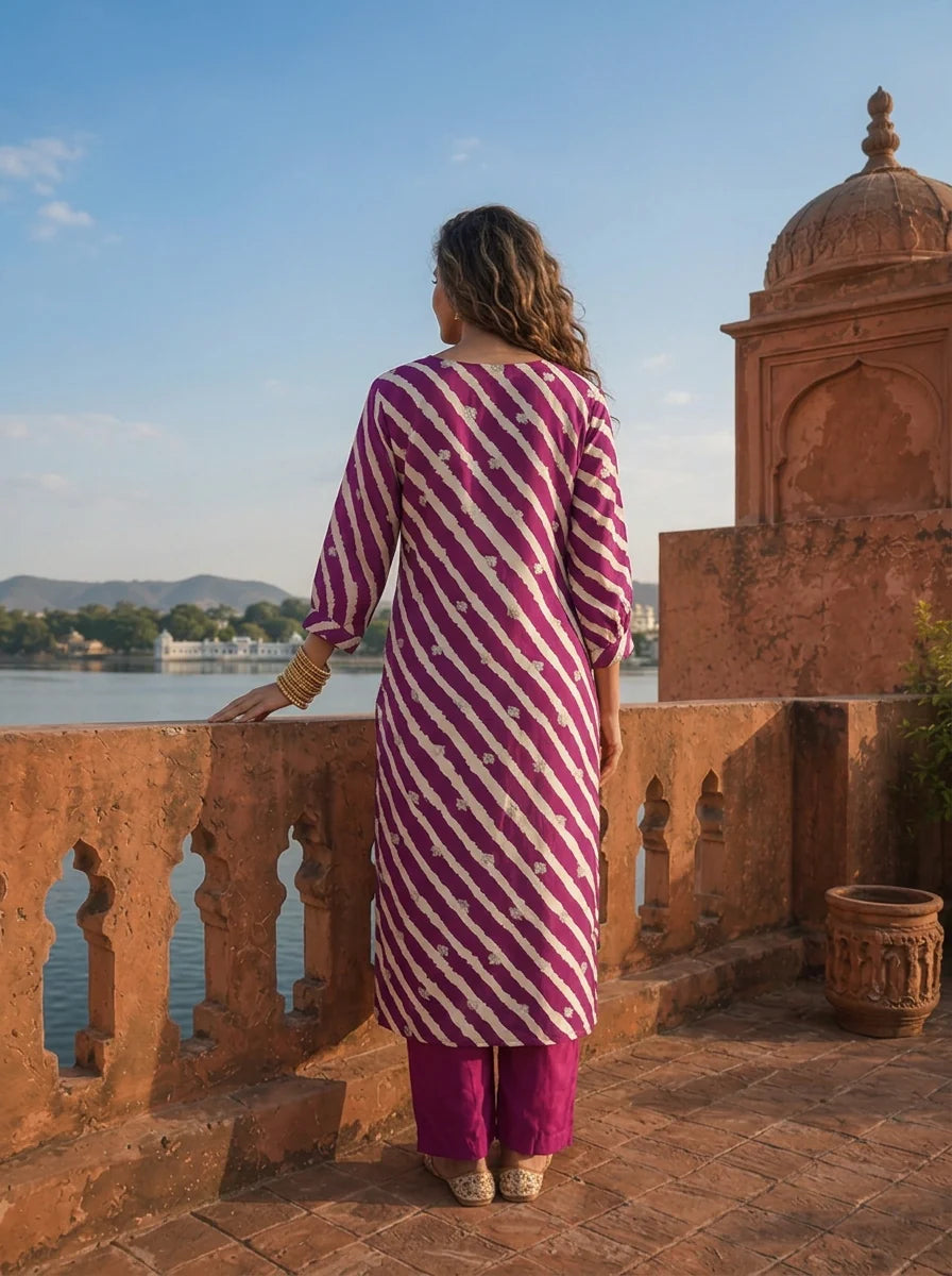 Purple Muslin Floral Zari Embroidery And Leheriya Printed Two Piece Set