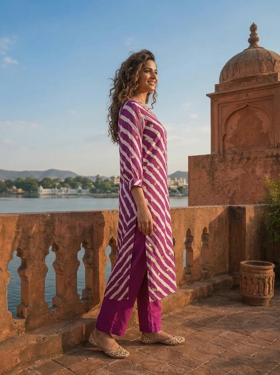 Purple Muslin Floral Zari Embroidery And Leheriya Printed Two Piece Set