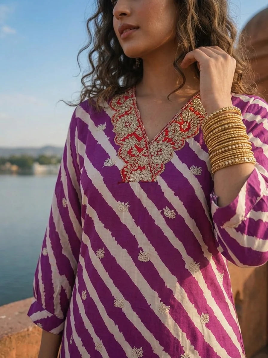 Purple Muslin Floral Zari Embroidery And Leheriya Printed Two Piece Set