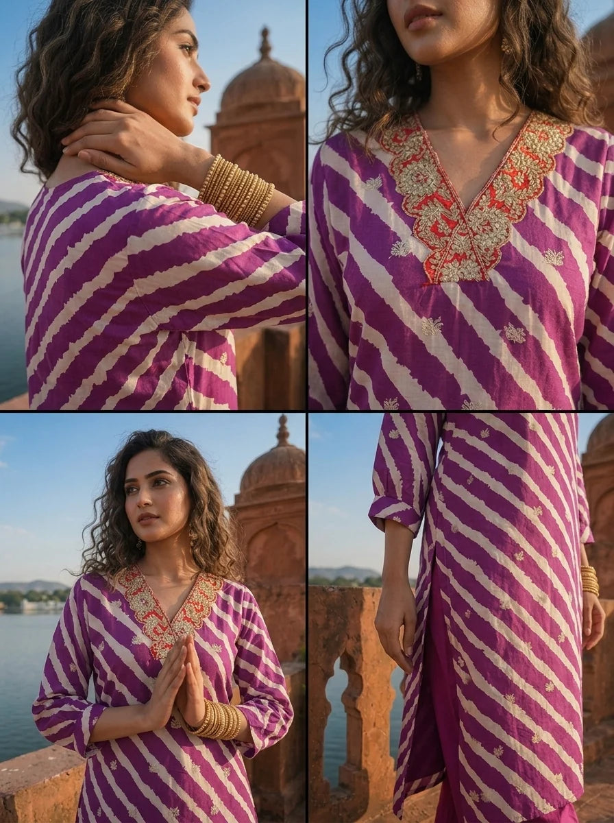 Purple Muslin Floral Zari Embroidery And Leheriya Printed Two Piece Set