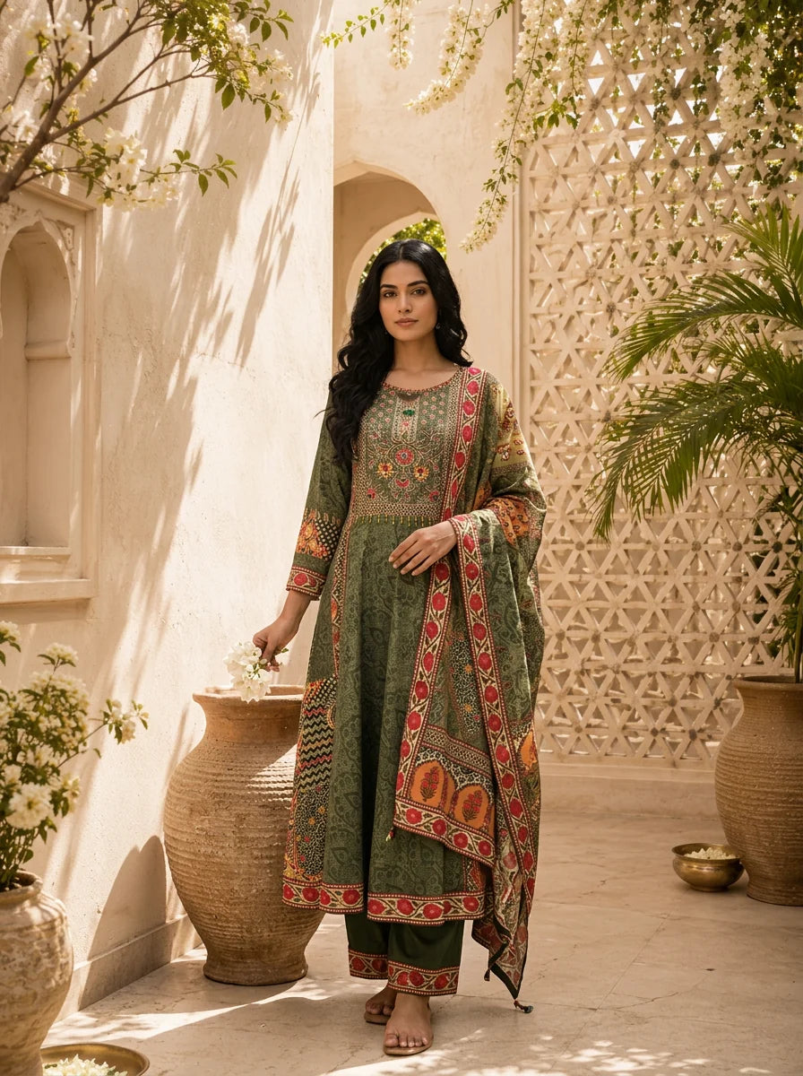Olive Modal Mughal Jaal Printed Three Piece Set