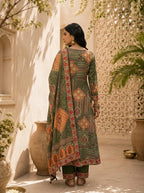 Olive Modal Mughal Jaal Printed Three Piece Set