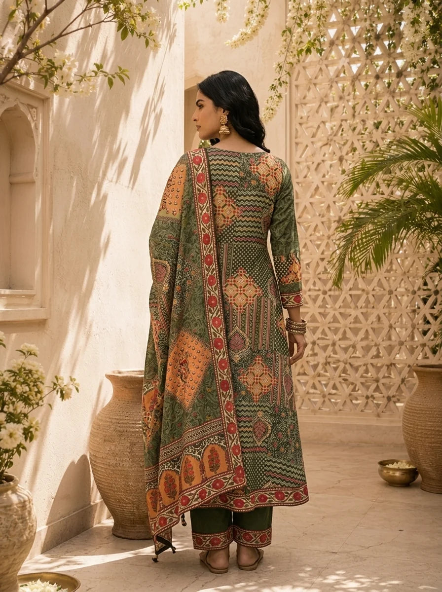 Olive Modal Mughal Jaal Printed Three Piece Set