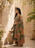 Olive Modal Mughal Jaal Printed Three Piece Set