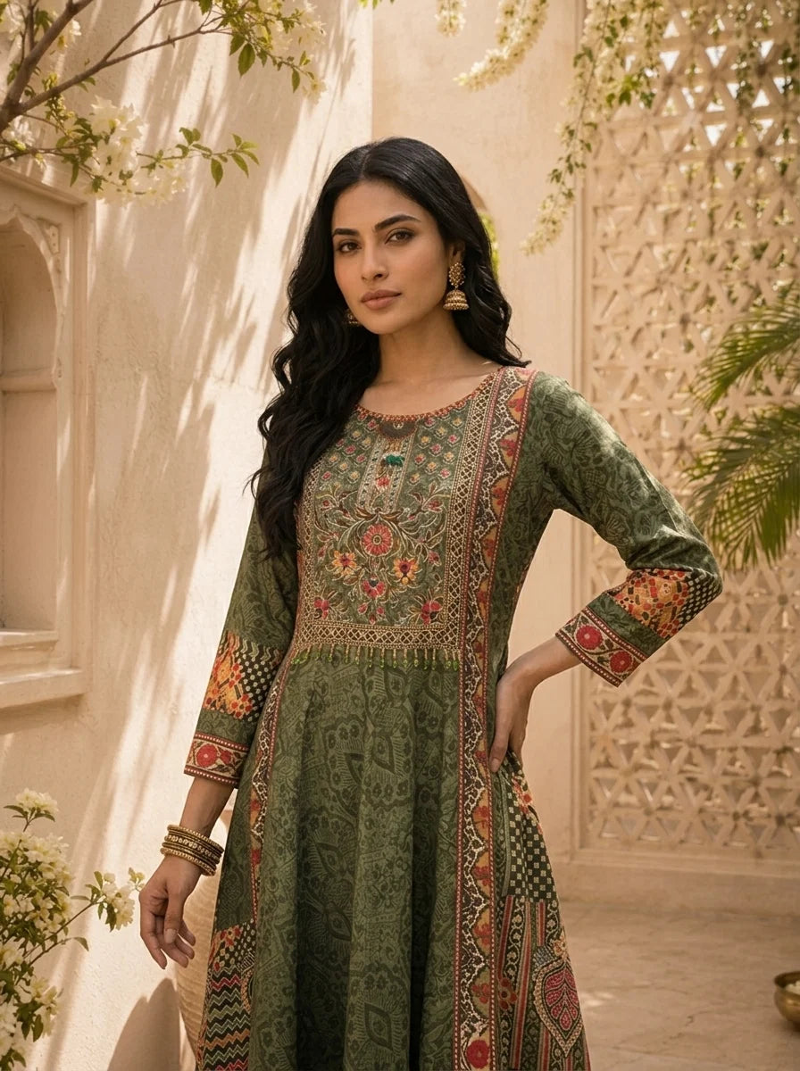 Olive Modal Mughal Jaal Printed Three Piece Set