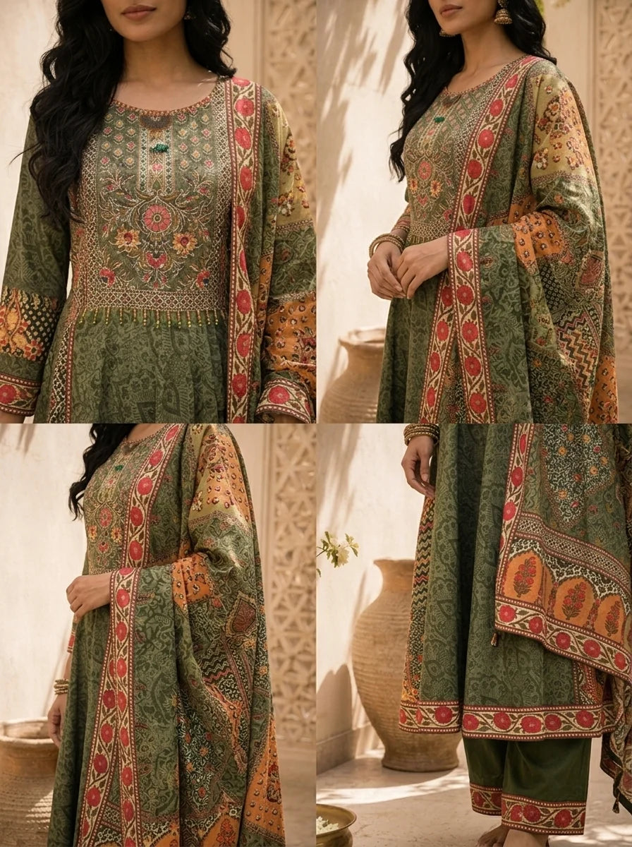 Olive Modal Mughal Jaal Printed Three Piece Set