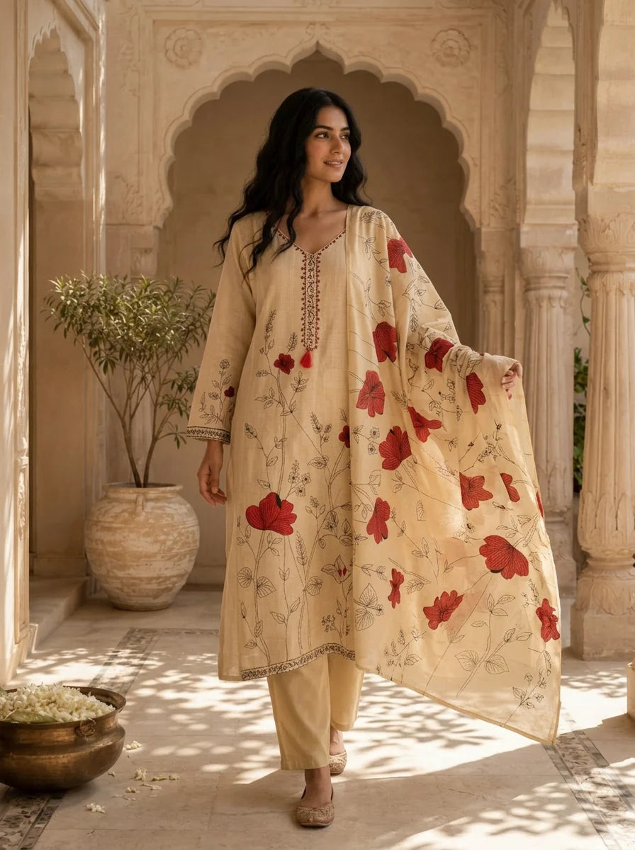 Beige Silk Botanical Hand Printed Three Piece Set