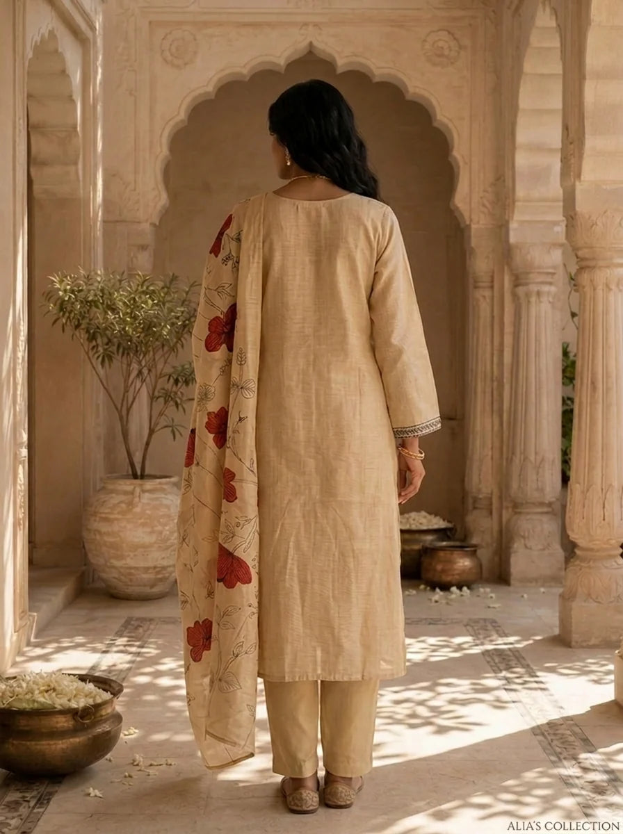 Beige Silk Botanical Hand Printed Three Piece Set