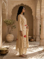 Beige Silk Botanical Hand Printed Three Piece Set
