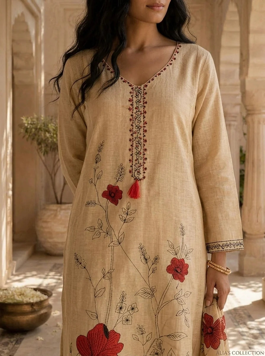 Beige Silk Botanical Hand Printed Three Piece Set