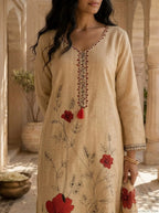 Beige Silk Botanical Hand Printed Three Piece Set