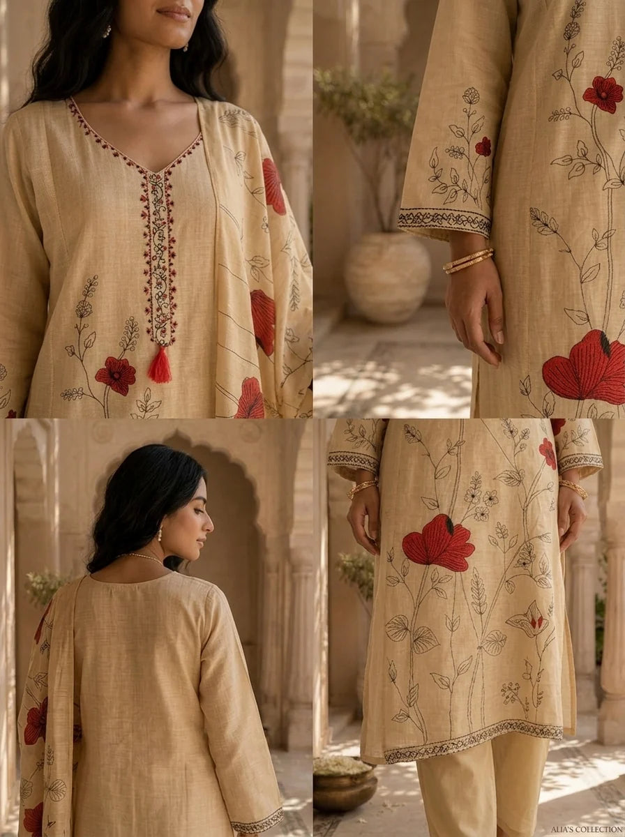 Beige Silk Botanical Hand Printed Three Piece Set