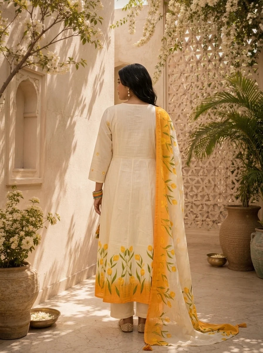 Mustard Cotton Tulip Floral Printed Three Piece Set