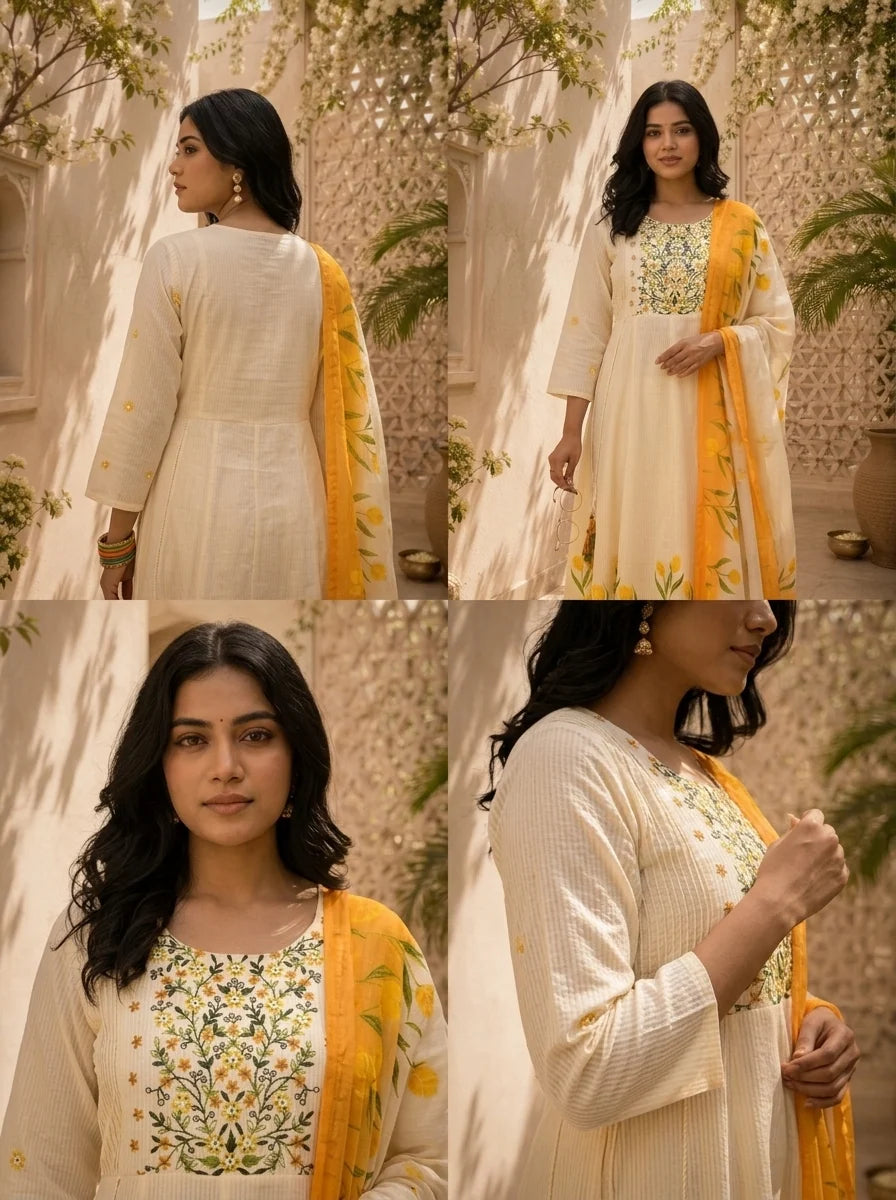 Mustard Cotton Tulip Floral Printed Three Piece Set