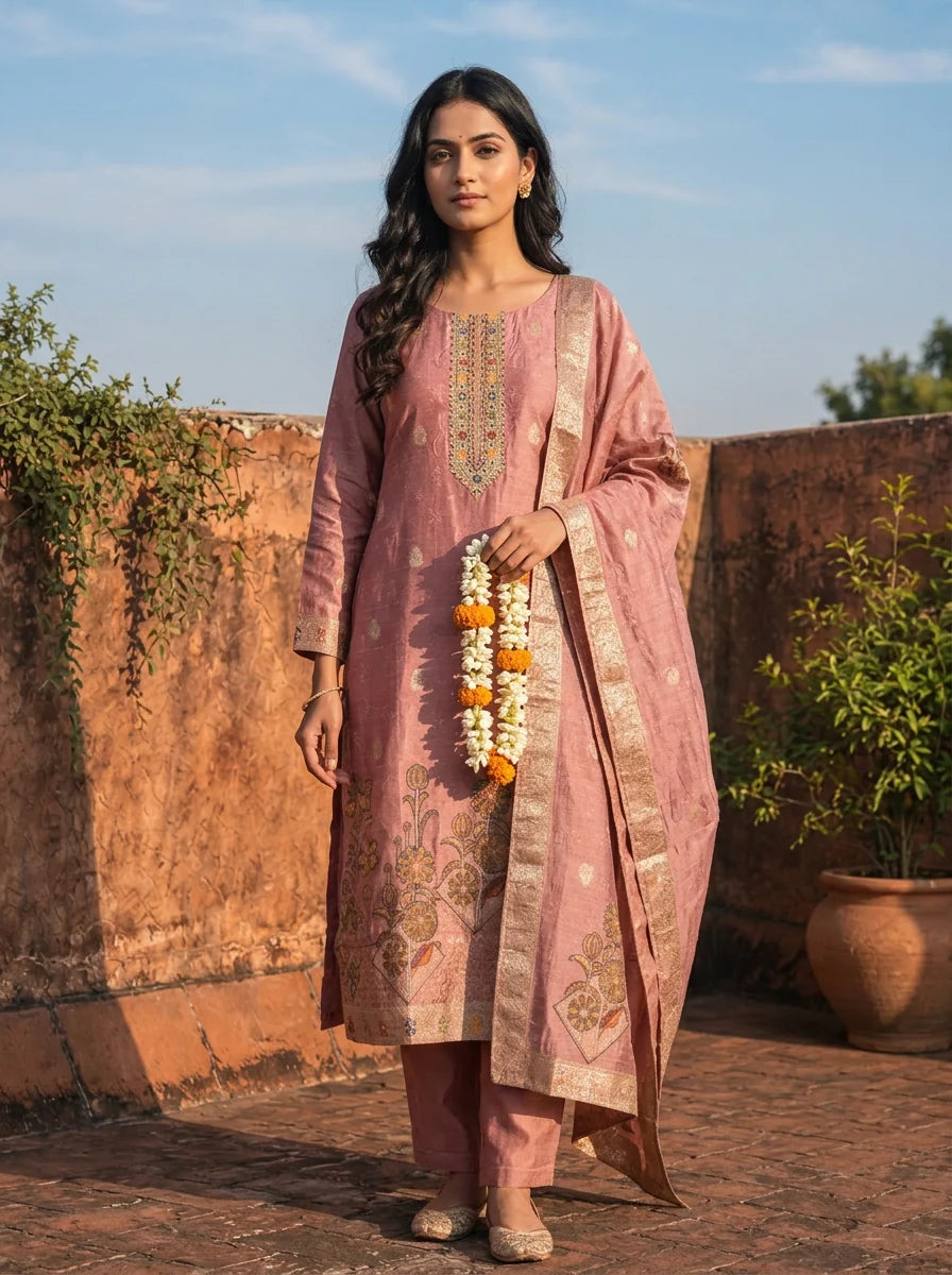 Onion Silk Zari Buta Weaved Three Piece Set