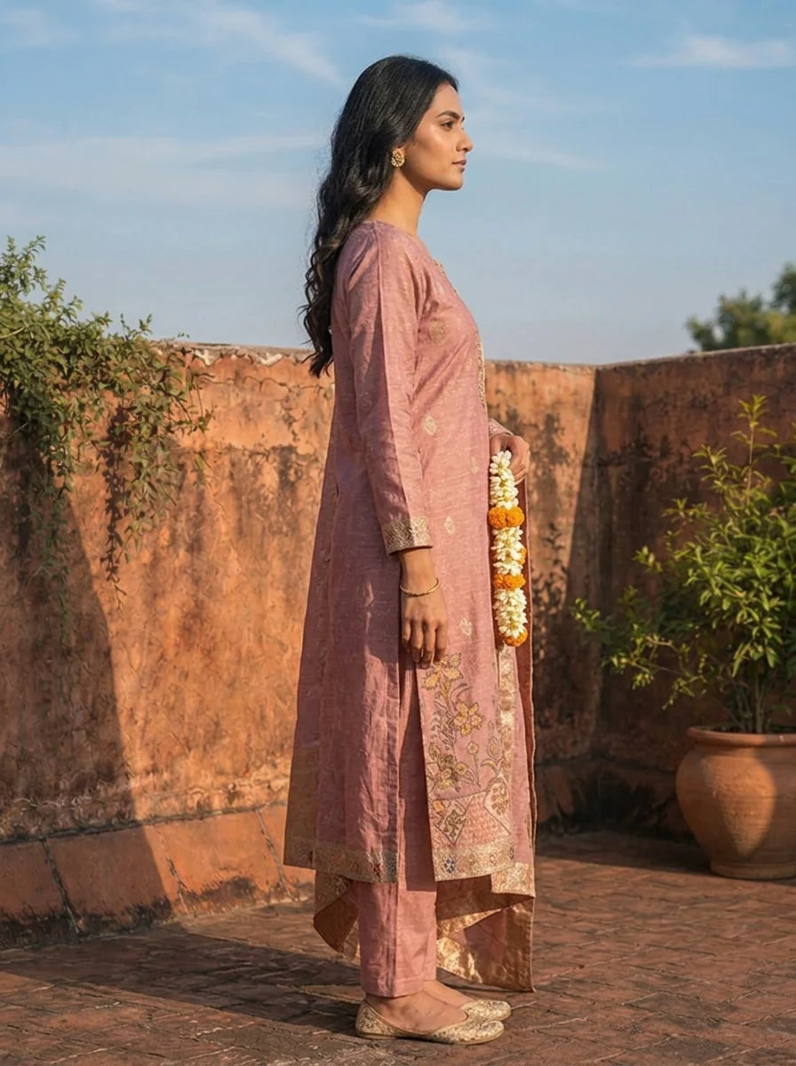 Onion Silk Zari Buta Weaved Three Piece Set