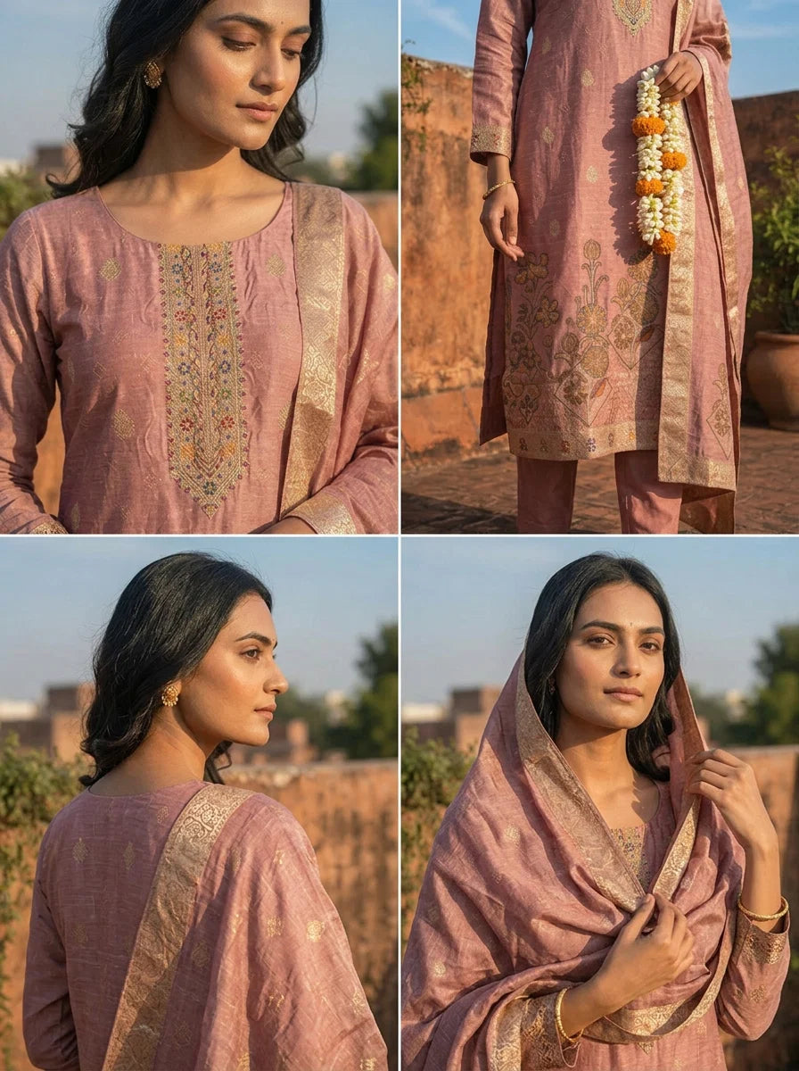 Onion Silk Zari Buta Weaved Three Piece Set