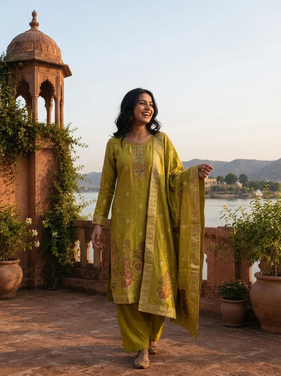 Variyali Green Silk Zari Buta Weaved Three Piece Set