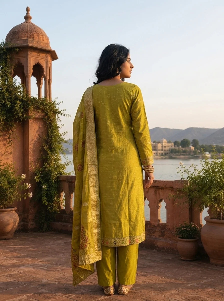 Variyali Green Silk Zari Buta Weaved Three Piece Set
