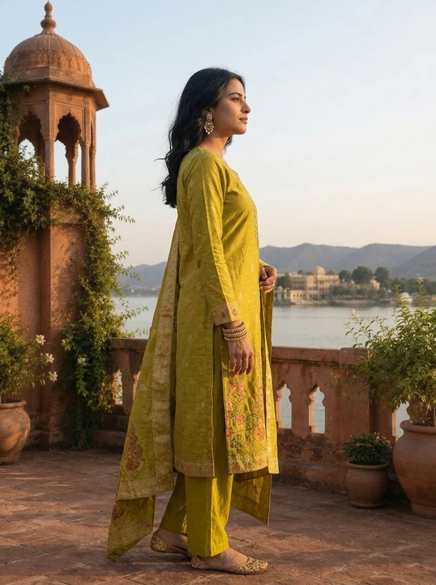 Variyali Green Silk Zari Buta Weaved Three Piece Set