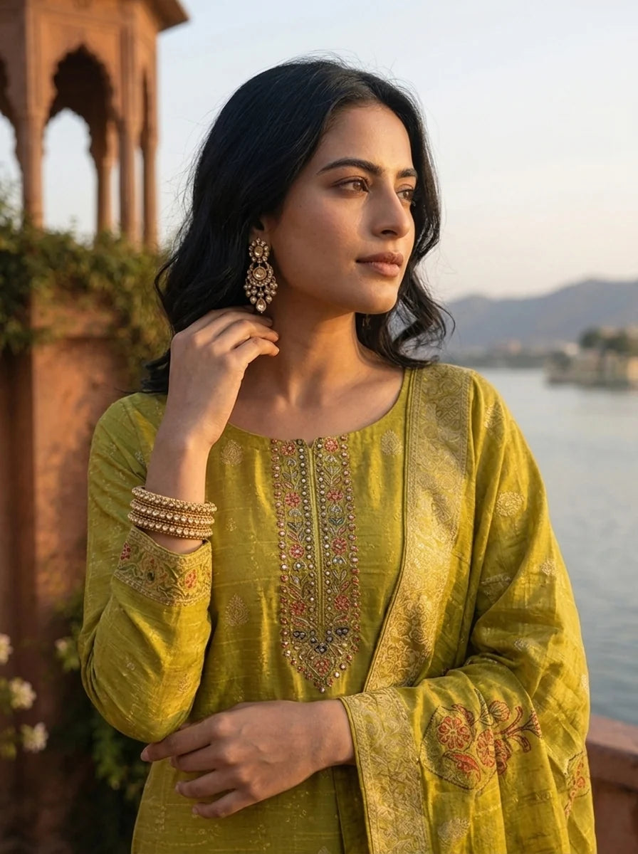 Variyali Green Silk Zari Buta Weaved Three Piece Set