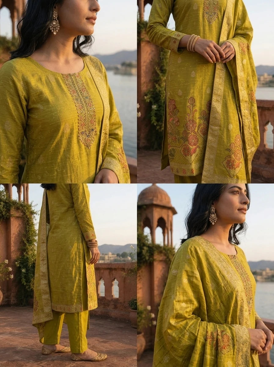 Variyali Green Silk Zari Buta Weaved Three Piece Set