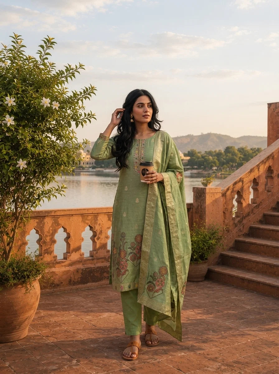 Pista Green Silk Zari Buta Weaved Three Piece Set