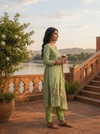 Pista Green Silk Zari Buta Weaved Three Piece Set