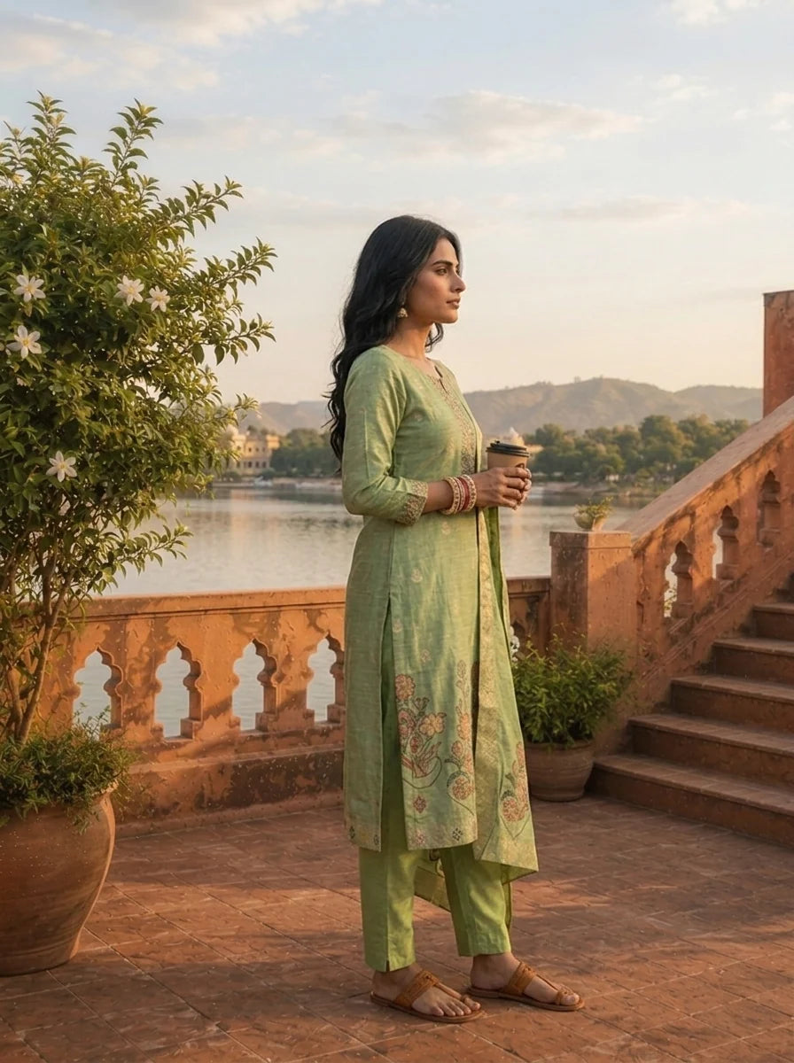 Pista Green Silk Zari Buta Weaved Three Piece Set