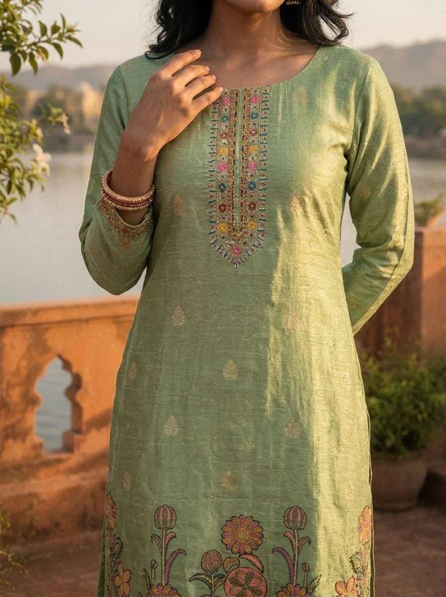 Pista Green Silk Zari Buta Weaved Three Piece Set