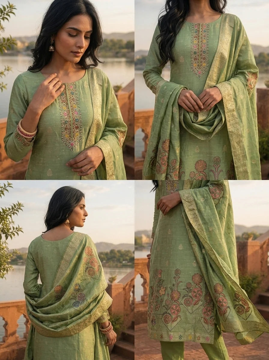 Pista Green Silk Zari Buta Weaved Three Piece Set