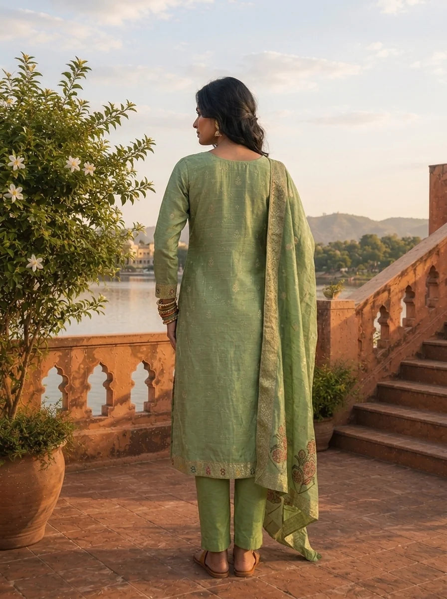 Pista Green Silk Zari Buta Weaved Three Piece Set