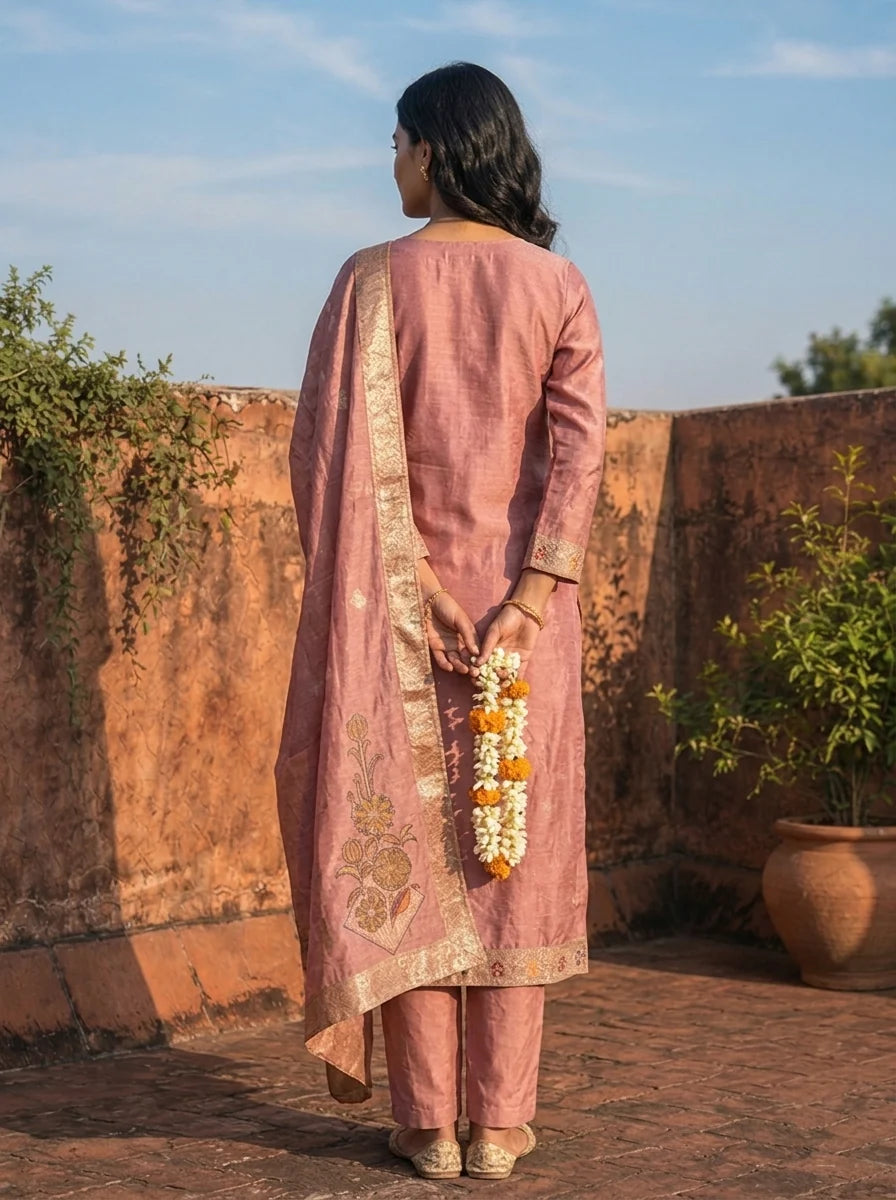 Onion Silk Zari Buta Weaved Three Piece Set