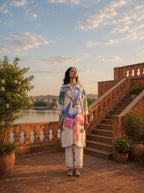 Blue Cotton Pansy Motifs Printed Two Piece Set
