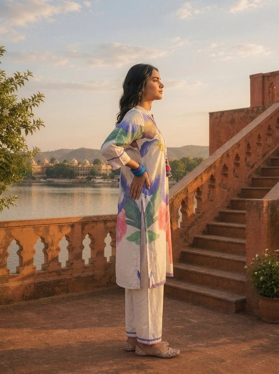 Blue Cotton Pansy Motifs Printed Two Piece Set