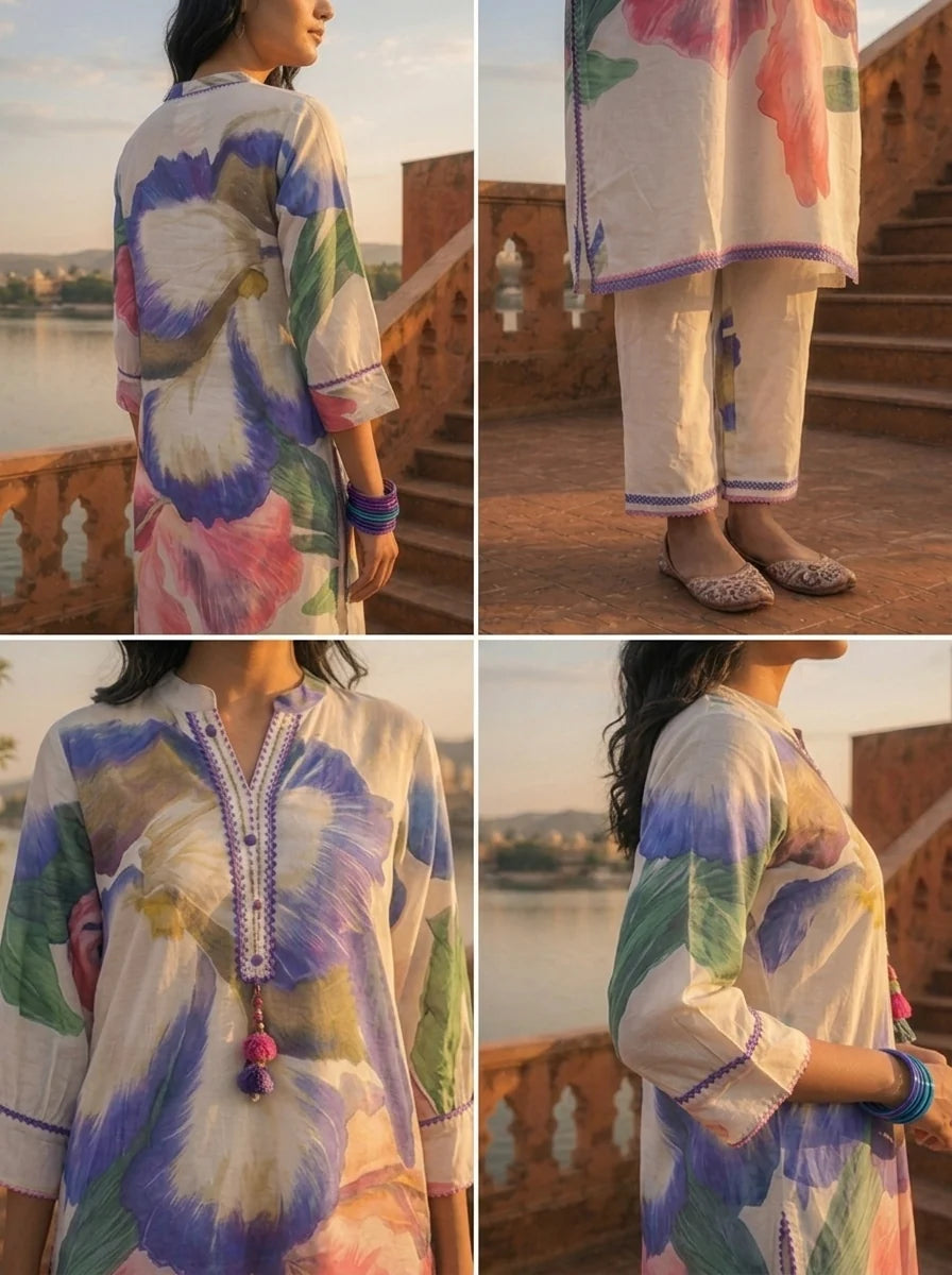 Blue Cotton Pansy Motifs Printed Two Piece Set