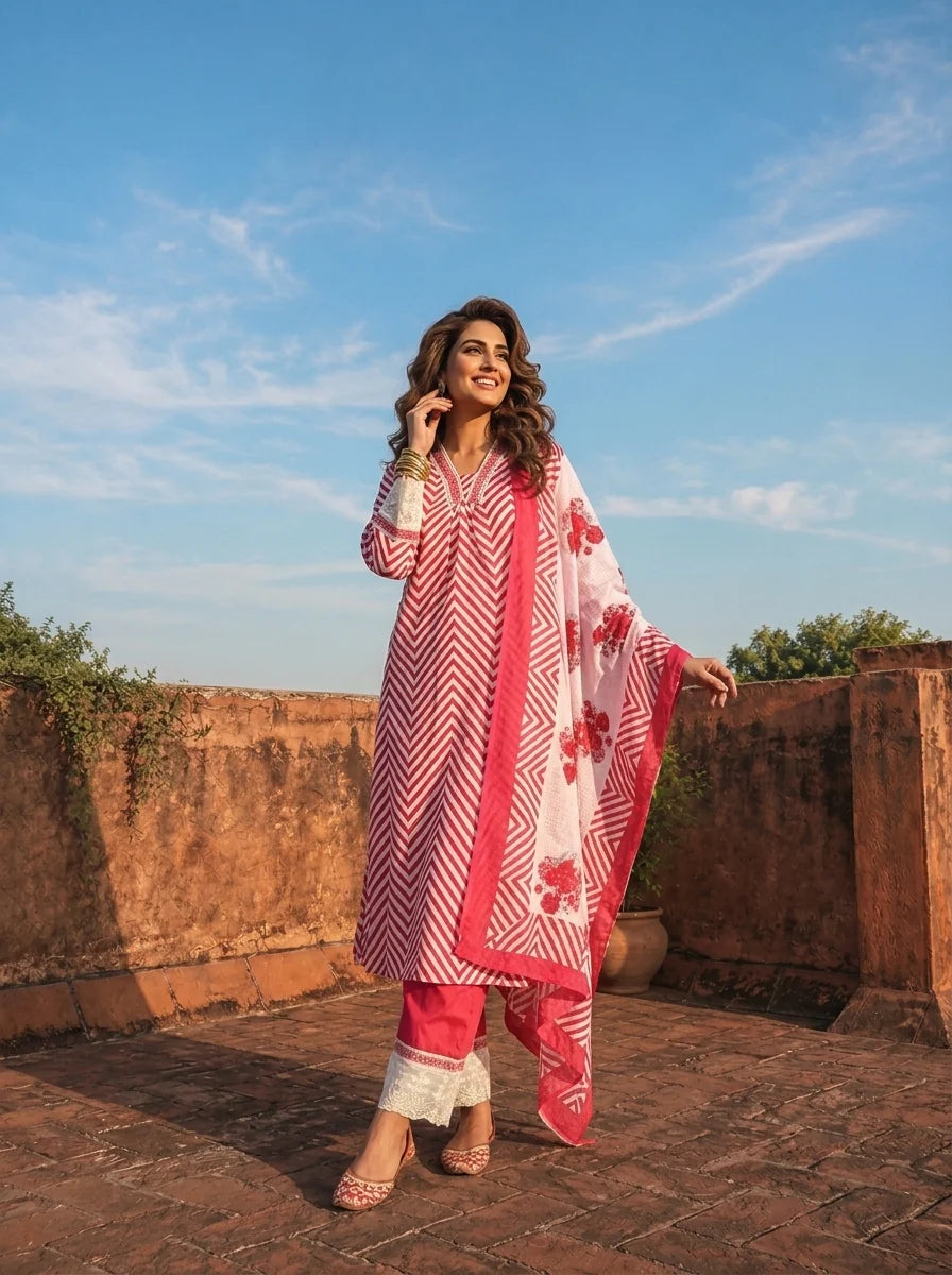 Magenta Cotton Chevron Printed Three Piece Set