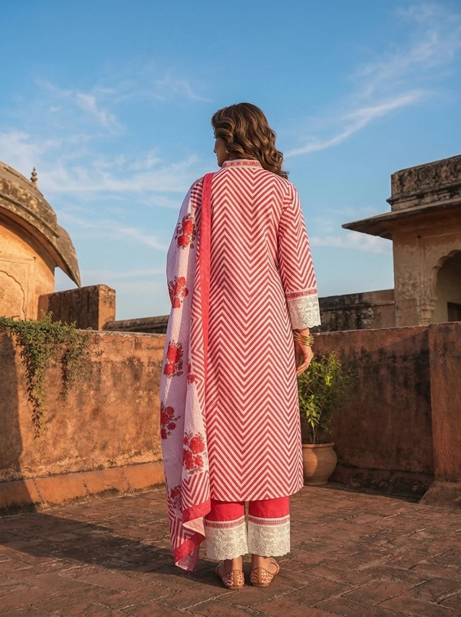 Magenta Cotton Chevron Printed Three Piece Set