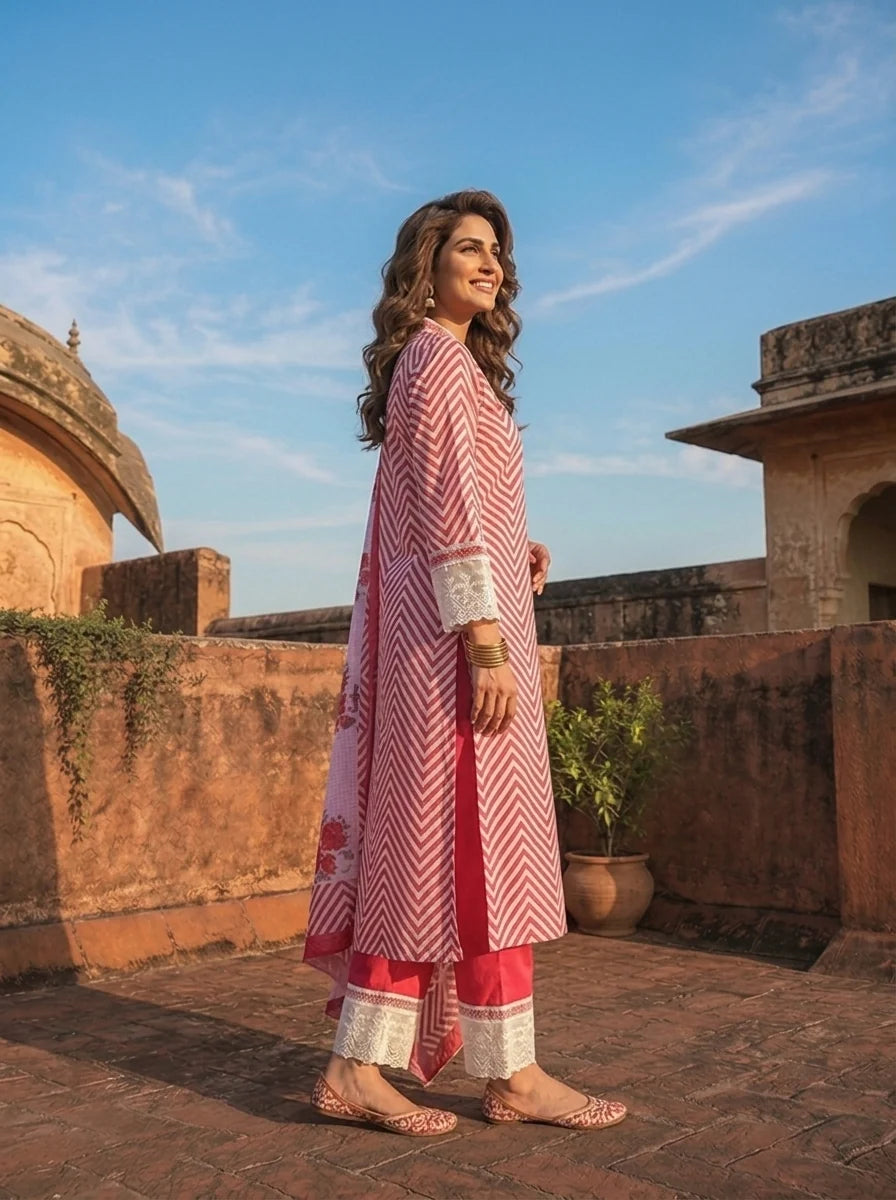 Magenta Cotton Chevron Printed Three Piece Set