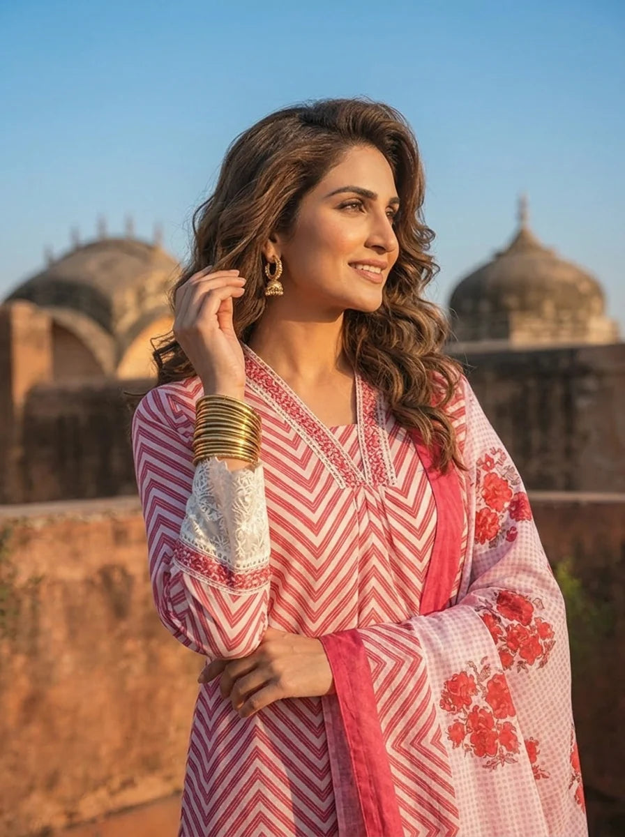 Magenta Cotton Chevron Printed Three Piece Set
