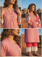 Magenta Cotton Chevron Printed Three Piece Set