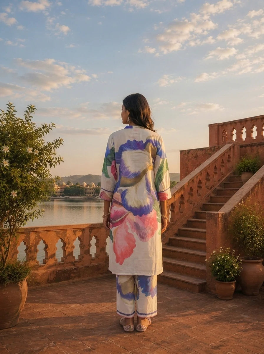 Blue Cotton Pansy Motifs Printed Two Piece Set