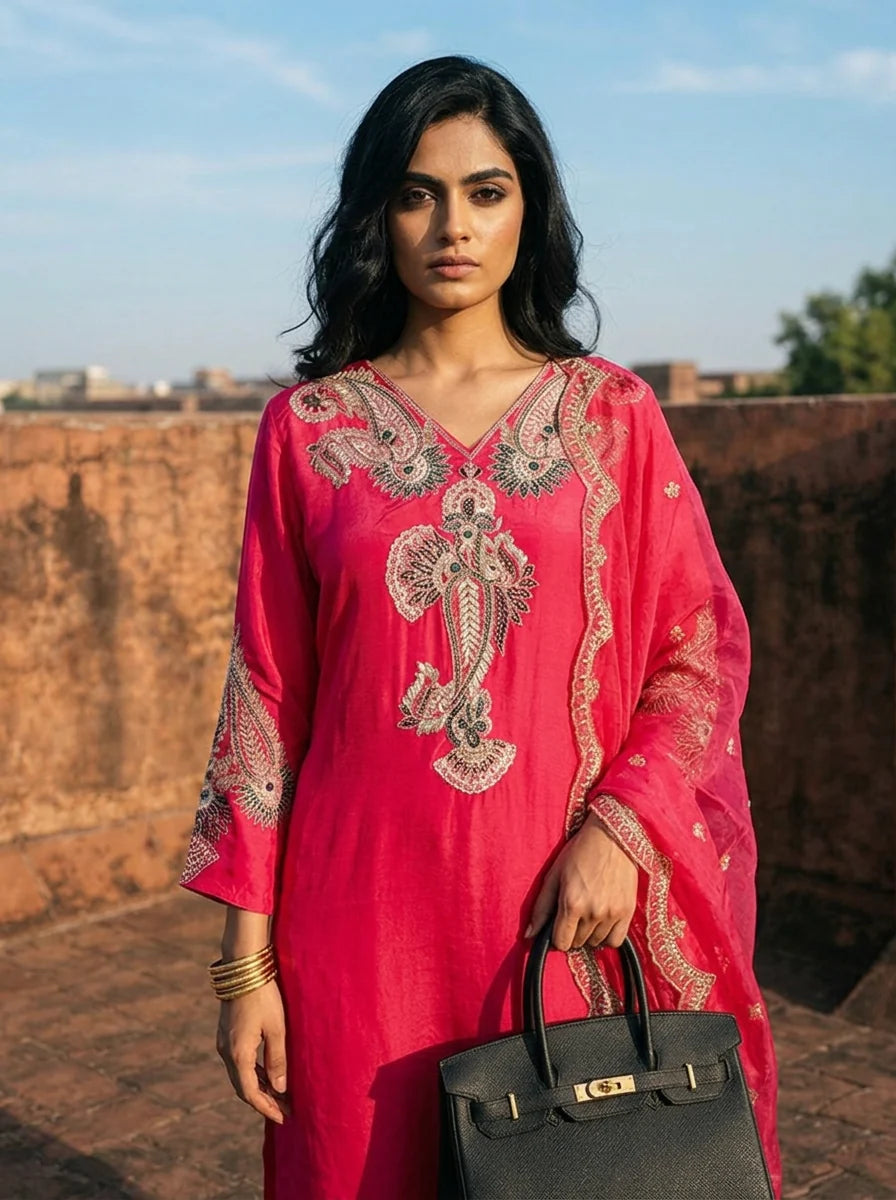 Rani Crepe Paisley Motif Embroidered Three Piece Set