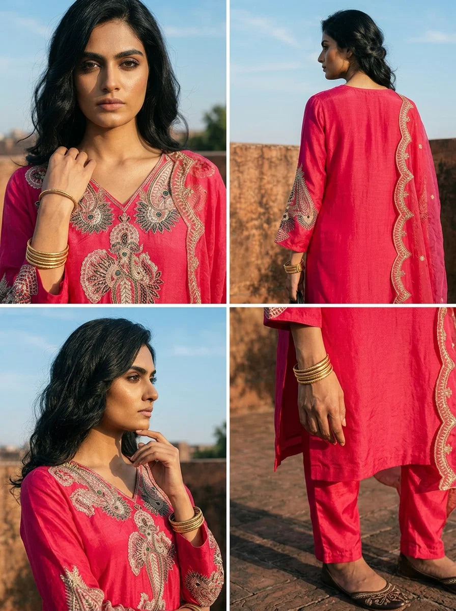 Rani Crepe Paisley Motif Embroidered Three Piece Set