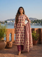 Wine Silk Butta Grid Block Printed Three Piece Set