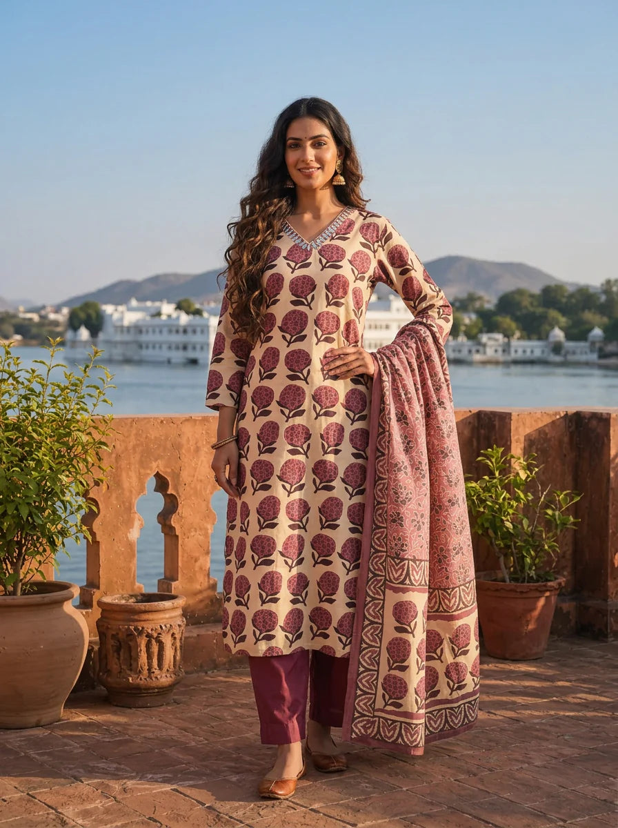 Wine Silk Butta Grid Block Printed Three Piece Set