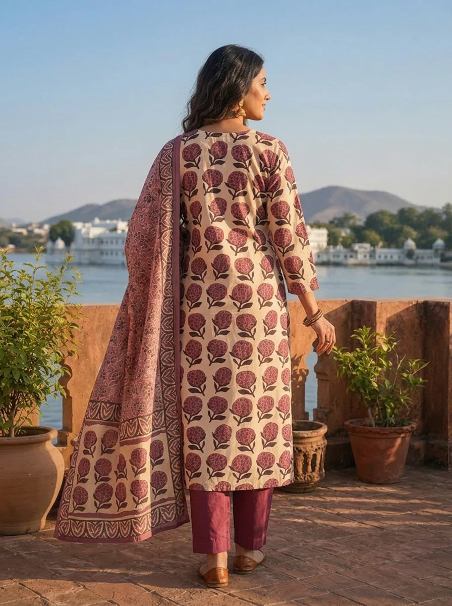 Wine Silk Butta Grid Block Printed Three Piece Set